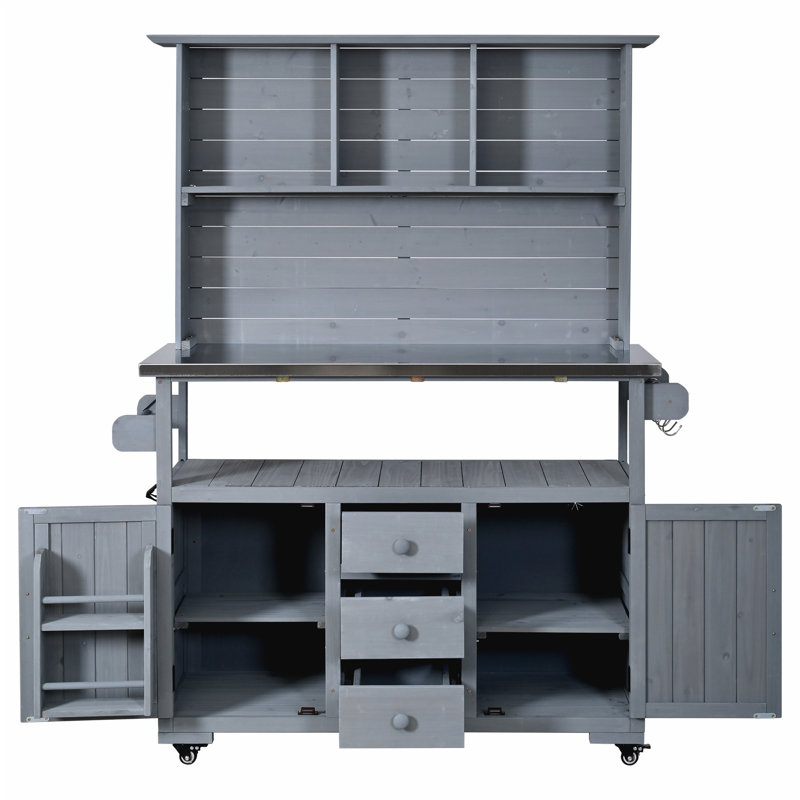 65''H Large Garden Storage Potting Bench with Lockable Wheels, Wood Outdoor Kitchen Island with Stainless Steel top, Drawers, Door Shelves and Hutch for Grilling, Gray