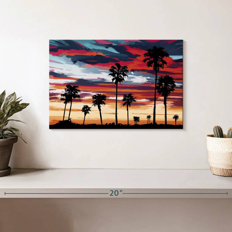 Silhouette de palmiers au coucher du soleil, H 8 po x l 12 po