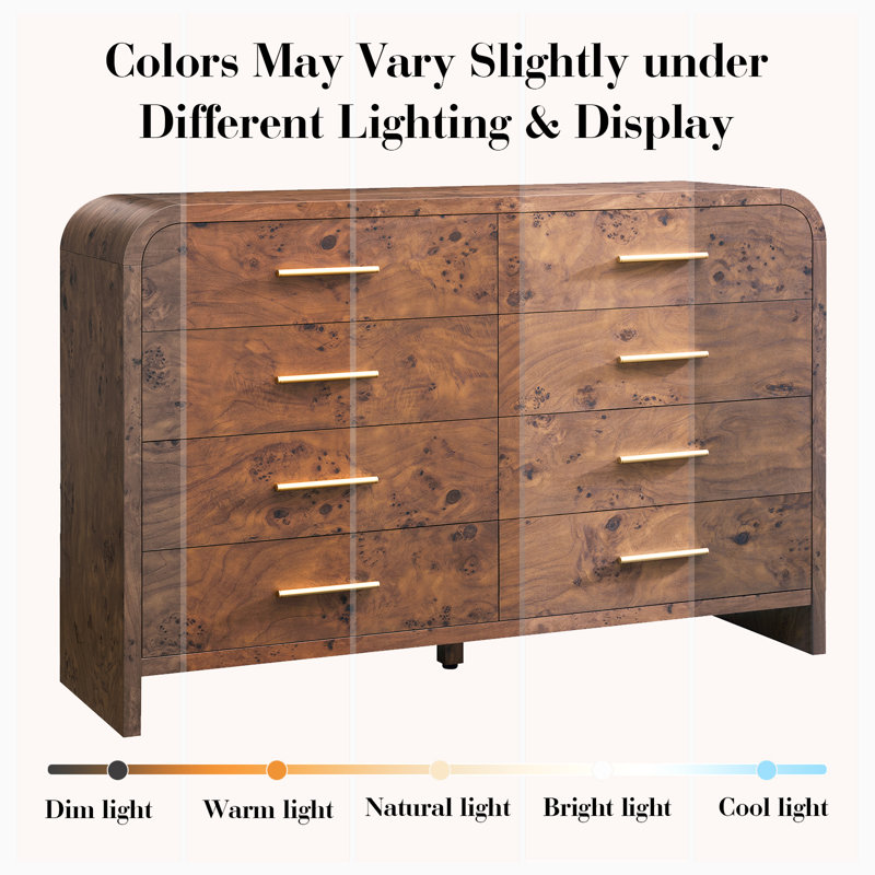 54" Wide 8-Drawer Storage Chest Large Capacity Wooden Dresser, Dark Brown Burl