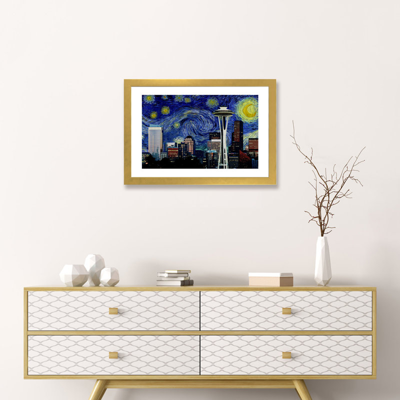 Seattle, Washington Starry Night Skyline - impression d'art graphique, H 16 po x l 24 po x P 1 po, Papier encadré doré