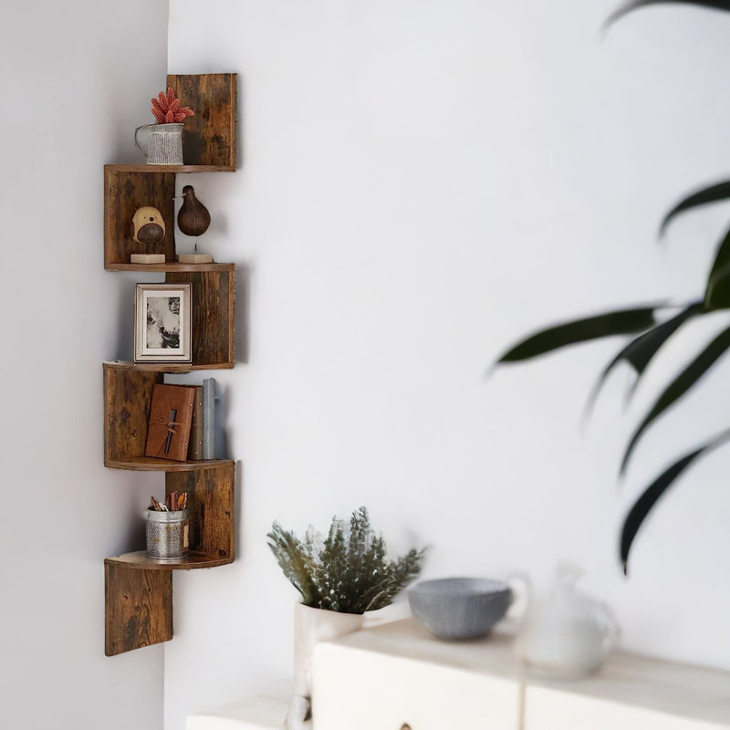 Mykya Rustic 5 Tier Floating Corner Shelf Industrial Rustic Brown Home Furniture