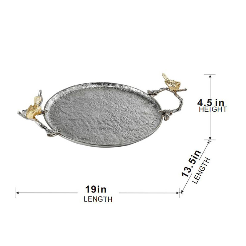 19” Decorative Silver Aluminum Tray with Gold Bird Handles, Nature-Inspired Accent Tray for Serving, Organization, or Centerpiece 