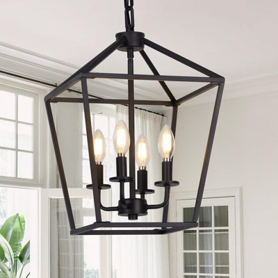 Luminaire de style lanterne noire à 4 lumières avec plafonnier industriel et cage en métal de style campagnard à hauteur réglable avec base E12 pour îlot de cuisine, entrée, intérieur