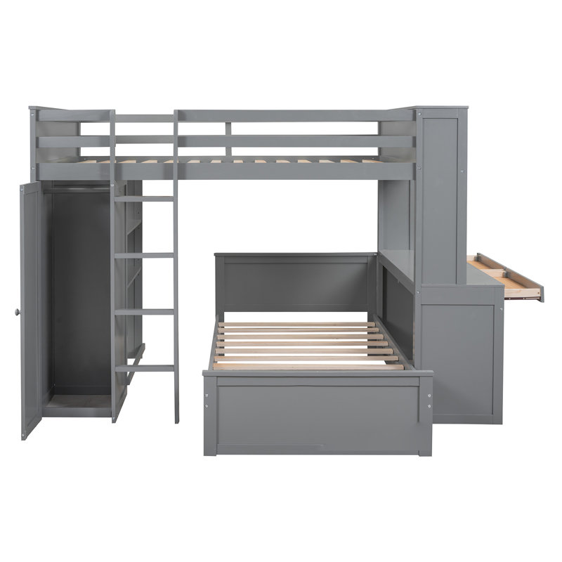 Hasel L Shaped Bunk Bed with Desk, Bookcase and Wardrobe, Gray, Twin over Full