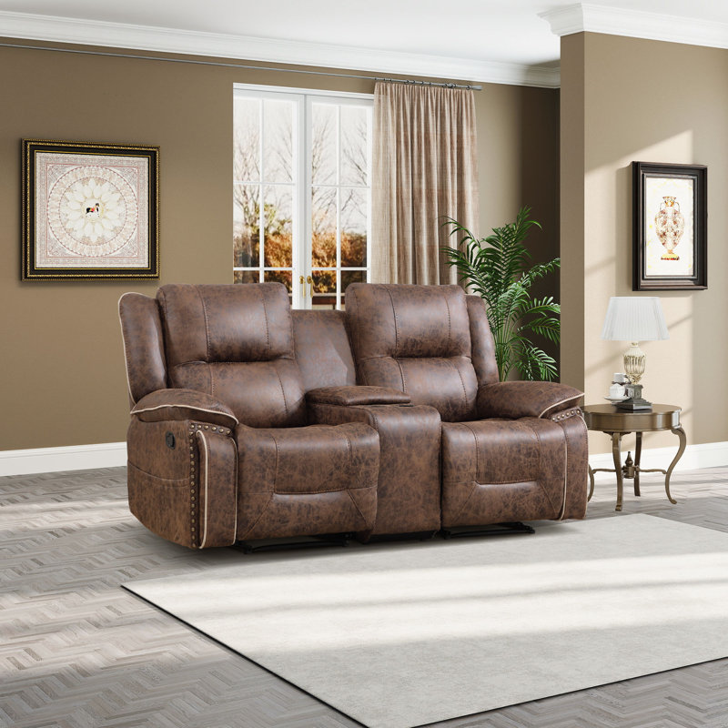 Almyra Vintage Faux Leather Manual Reclining Loveseat Sofa With Nailhead Trim & Dual Cup Holders & Compartment Storage