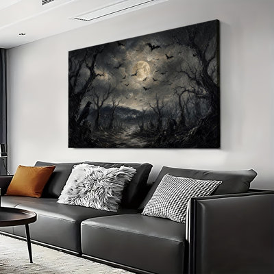 Lone Black Raven On Rock With Flying Bats And Full Moon Over Twisted Dead Trees Halloween Dark Landscape Canvas Wall Art
