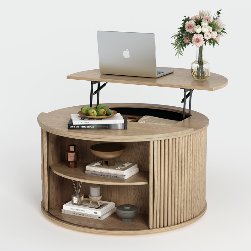 Table basse à plateau relevable 31,5 po avec compartiment de rangement dissimulé, table basse en chêne pour le salon, Chêne