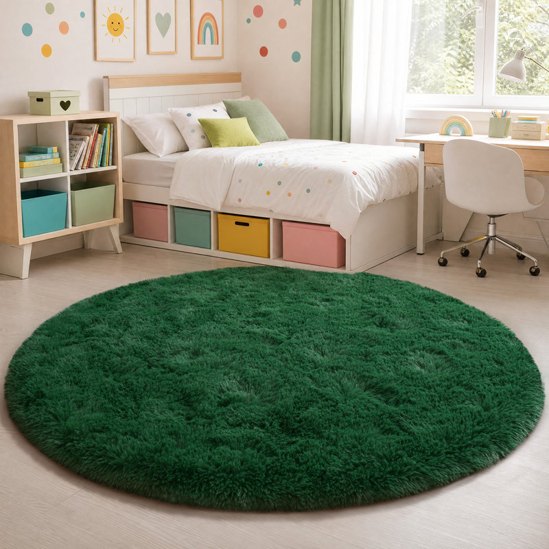 Solid Rug Soft Fluffy Green Indoor Area Rug for Living Room Bedroom Nursery Kids Room, Round 6', Green