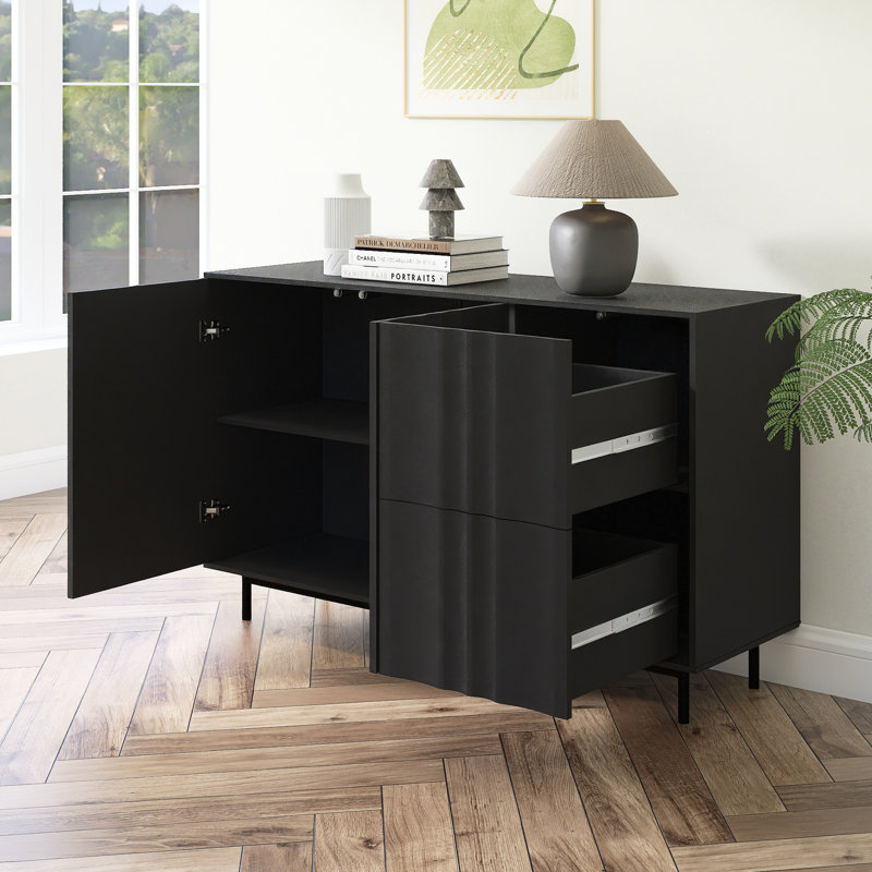 Armoire de rangement à motif de vagues avec 2 portes et 2 tiroirs, Noir, noir, noir, noir