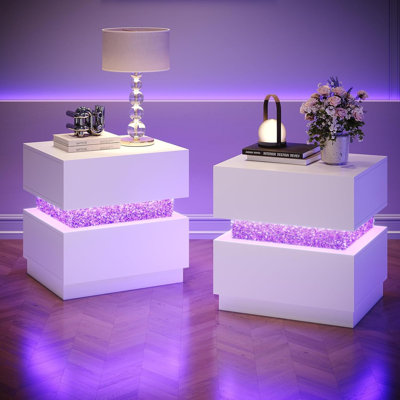 Table de chevet moderne à 2 tiroirs avec éclairage DEL RVB et panneau décoratif en cristal