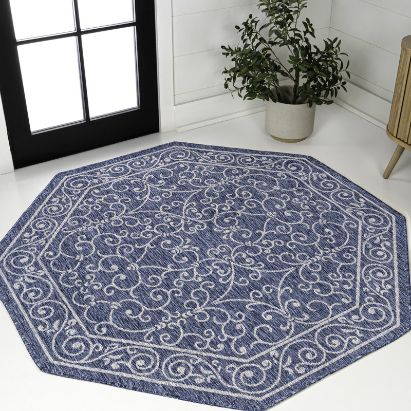 Hagerman Vintage Filigree Textured Weave Navy/Gray Indoor/Outdoor Rug, Octagon 5'3"