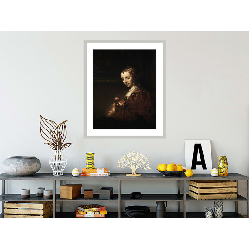 Lady with a Pink by Rembrandt van Rijn - Framed Giclee Print, 40.12" H x 33.5" W