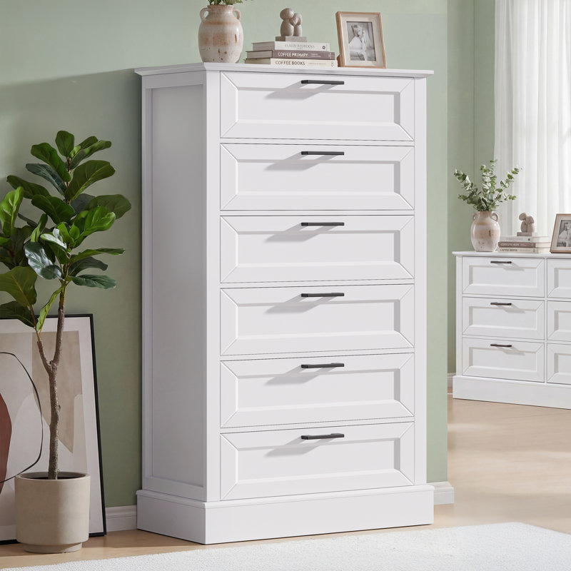 55.3" Tall 6 Drawers Dresser Wood White Dresser Modern Farmhouse Style