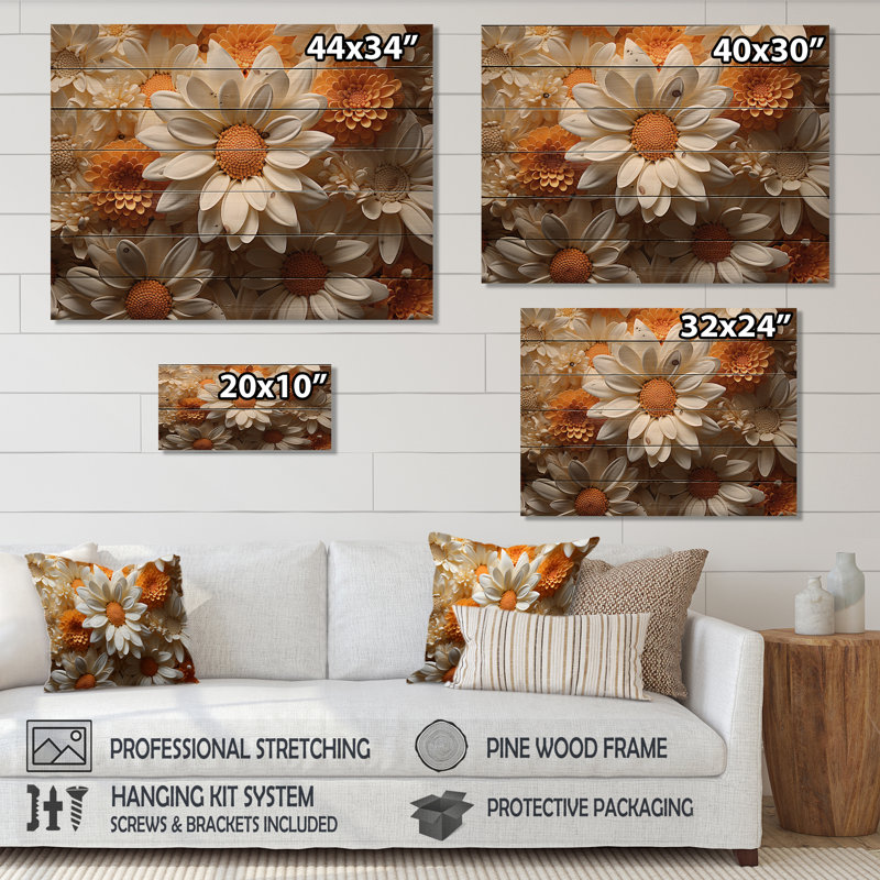 Fleur de marguerite blanche et orange - marguerite, art mural sur bois de pin naturel, H 30 po x l 40 po