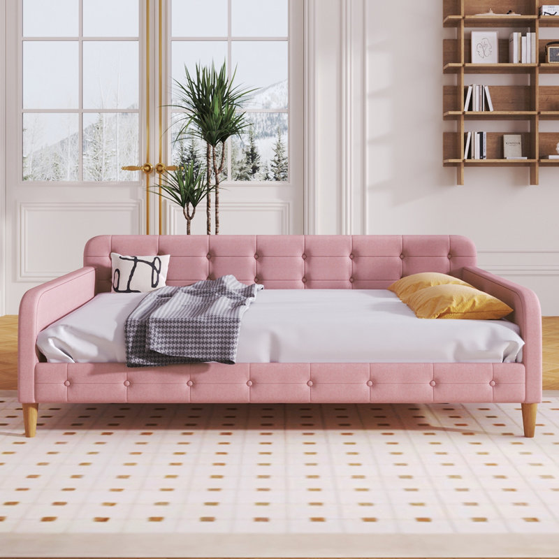 Lit de jour double rembourré pleine grandeur avec 4 pieds de soutien, canapé-lit en tissu pour chambre d'amis, salon ou salon ， Rubine