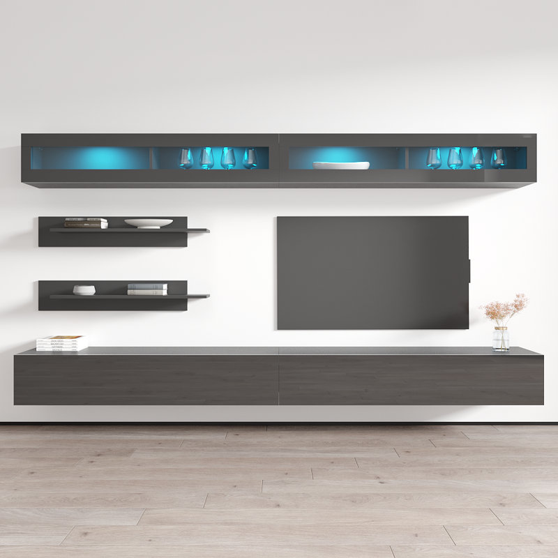 Waconia 126" Modern Floating Wall Mounted Entertainment Center with 16-Color LED Lighting, High Gloss Finish, Gray