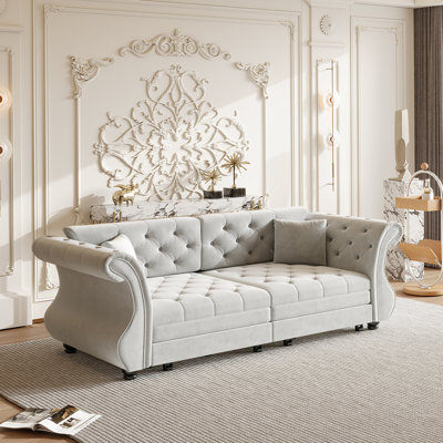 Canapé-lit Chesterfield de 83,8 pouces avec capitonnage à fleurs, revêtement en velours pour salon et chambre à coucher, gris clair