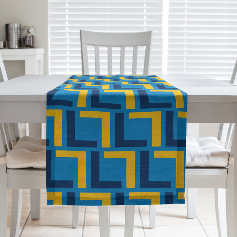 Chemin de table géométrique, 72 po x 16 po, Navy Blue/White/Powder Blue, Coton