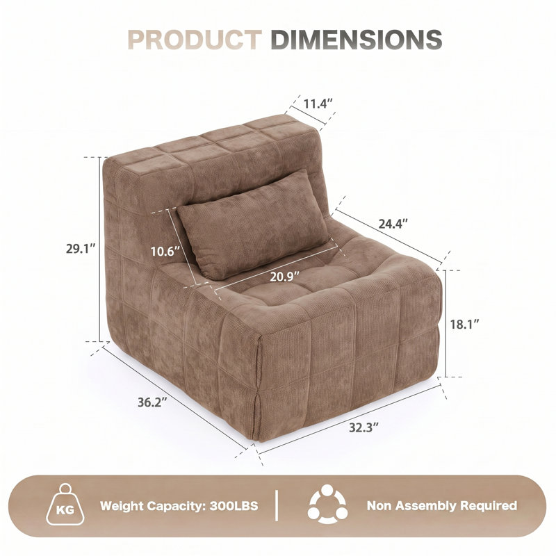 Chenille Floor Sofa Chair, Boneless Sofa Cloud Couch, Compressed Lounge Chair with Lumbar Pillow, Hi, Brown
