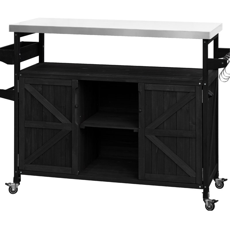 Solid Wood Outdoor Cart - 4 Hook Hangers & Removable Shelf Option Kitchen Storage Unit Fir Internal Rack System, Black