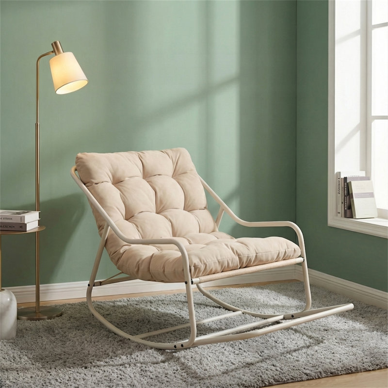 Outdoor Rocking Chair with Comfy Thick Cushion，Soft Padded Rocker for Living Room, Bedroom & Reading Room, Beige
