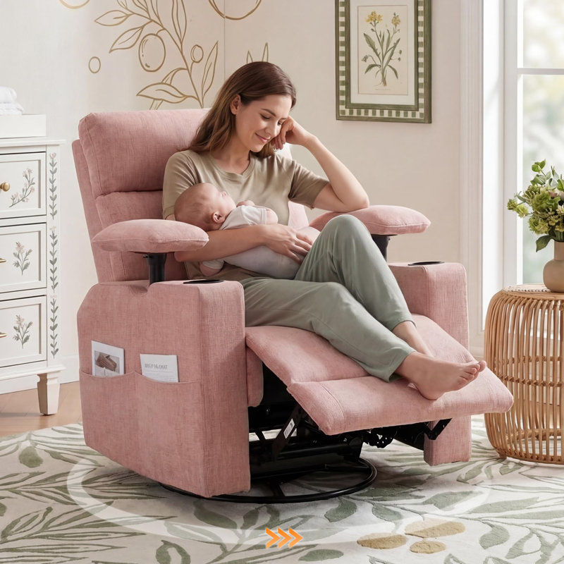 360°Swivel Rocker Recliner Chair With Adjustable Armrests&Headrest,Nursery Glider For Breastfeeding, PInk Chenille