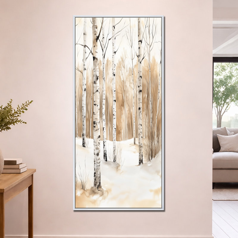 Forêt de bouleaux d'hiver - Décoration murale encadrée de couleur crème sur toile, H 60 po x l 28 po, Cadre flottant blanc