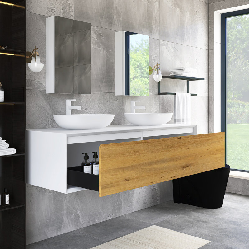 Meuble-lavabo mural 63 po avec plateau blanc uni