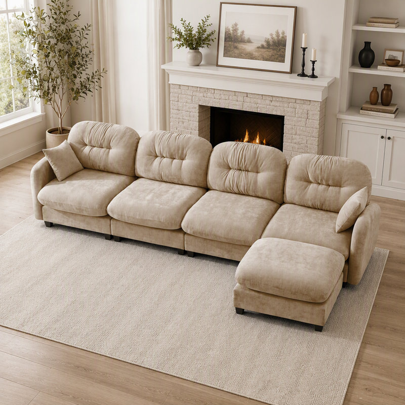 Canapé modulaire en L modulaire avec repose-pieds, tissu chenille doux, conception ergonomique, conception plissée matelassée, base en bois de haute qualité, installation facile, convient aux chambres et aux salons, brun clair