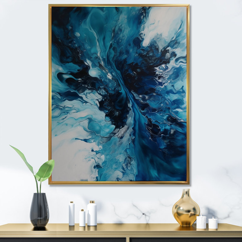 Art mural sur toile abstrait bleu sarcelle et noir, 40" H x 30" W, Cadre flottant doré