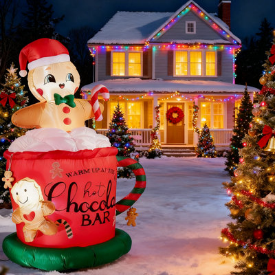6.5FT Giant Inflatable Gingerbread Man With LED Lights, All-Weather Outdoor Christmas Decoration, Hot Chocolate Mug Yard Decor​