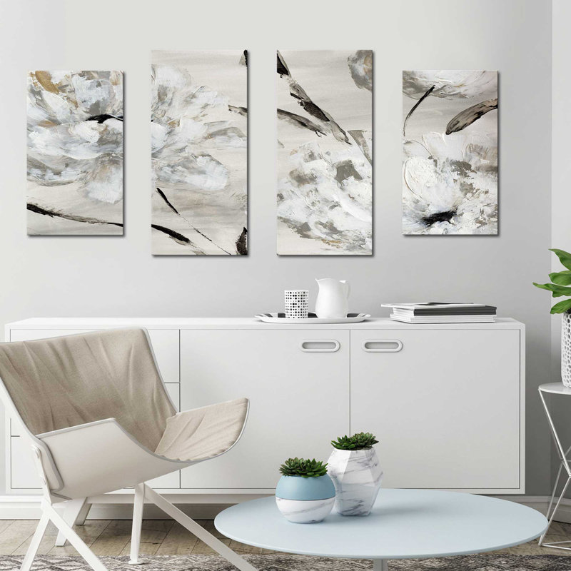 «Misty Morning Blooms On Canvas», 4 pièces par Katrina Craven, peinture, H 30 po x l 56 po x P 1 po