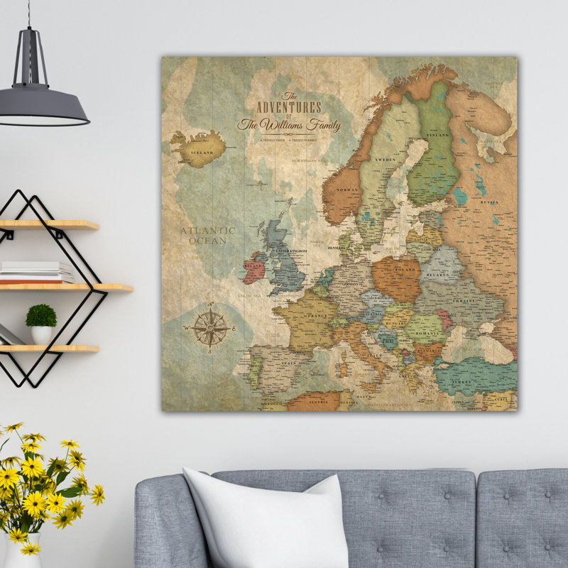 Carte de voyage personnalisée avec punaise d'époque, H 37,5 po x l 37,5 po x P 2 po, Yes