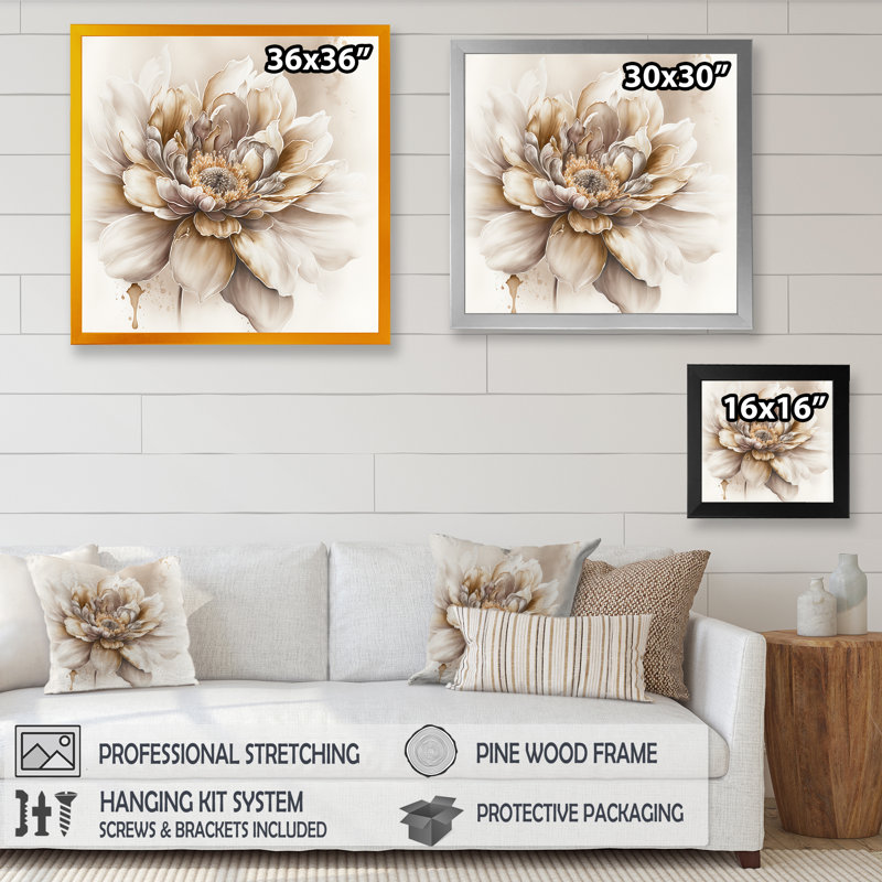 Blooming Beige Floral Design V - Art mural sur toile florale, H 36 po x l 36 po x P 1,5 po, Cadre doré