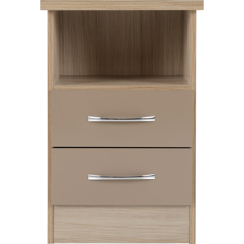 Cascio 2 Drawer Bedside Table, Oyster Gloss/Light Oak Effect Veneer