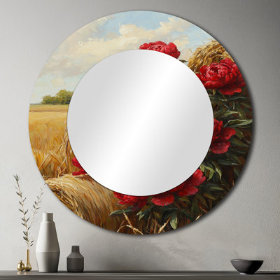 Pivoines près des balles de foin I - miroir traditionnel pour décoration murale - imprimé sur métal