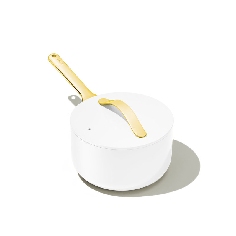 Caraway 1.75qt Iconics Nonstick Ceramic Saucepan, Black/Gold, White/Gold