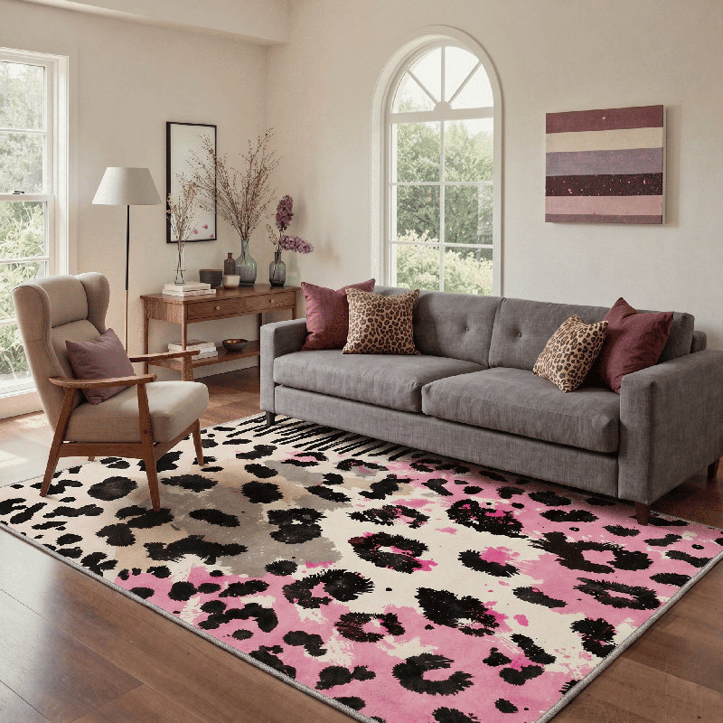 Verona Animal Leopard Print Machine Washable Pink / Beige / Black / Gray Indoor Area Rug with Non-Slip Backing, Round 5'