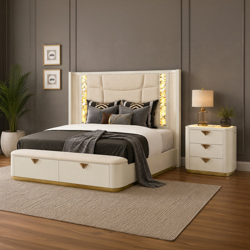 Janisia grand 2 pièces beige, 2 Pcs: Bed. Nightstand, Grand lit