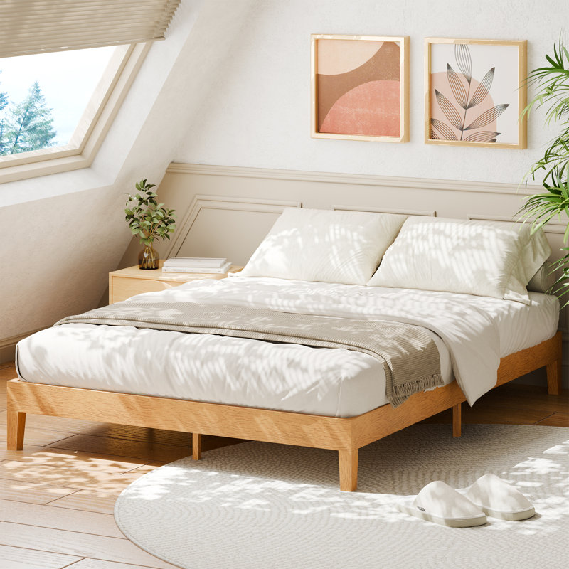 12'' Contemporary Solid Wood Platform Bed, Natural, Queen