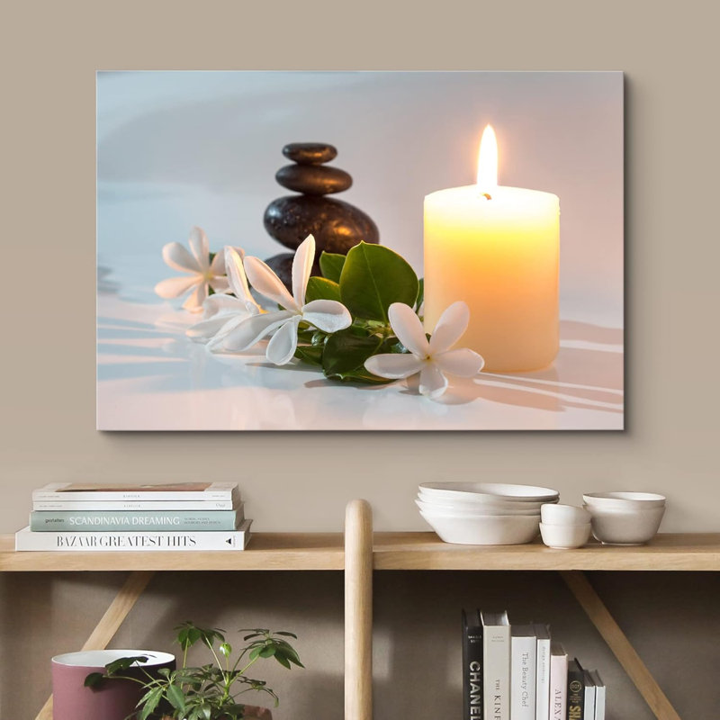 Zen pierres tropicales fleurs blanches massage pierre spa bougies yoga nature photographie coloré, H 32 po x l 48 po