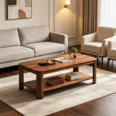 Table basse rectangulaire à 2 niveaux de 39,4 po avec tablette de rangement, table d'appoint au fini noyer avec pieds à grain ondulé vertical et conception en coin en arc, table d'appoint minimaliste moderne pour la chambre à coucher du salon