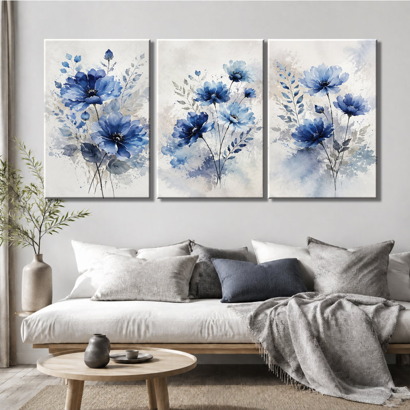 Tableau mural à 3 panneaux, aquarelle florale bleue, impression sur toile tendue pour salon, 28 * 40 pouces * 3