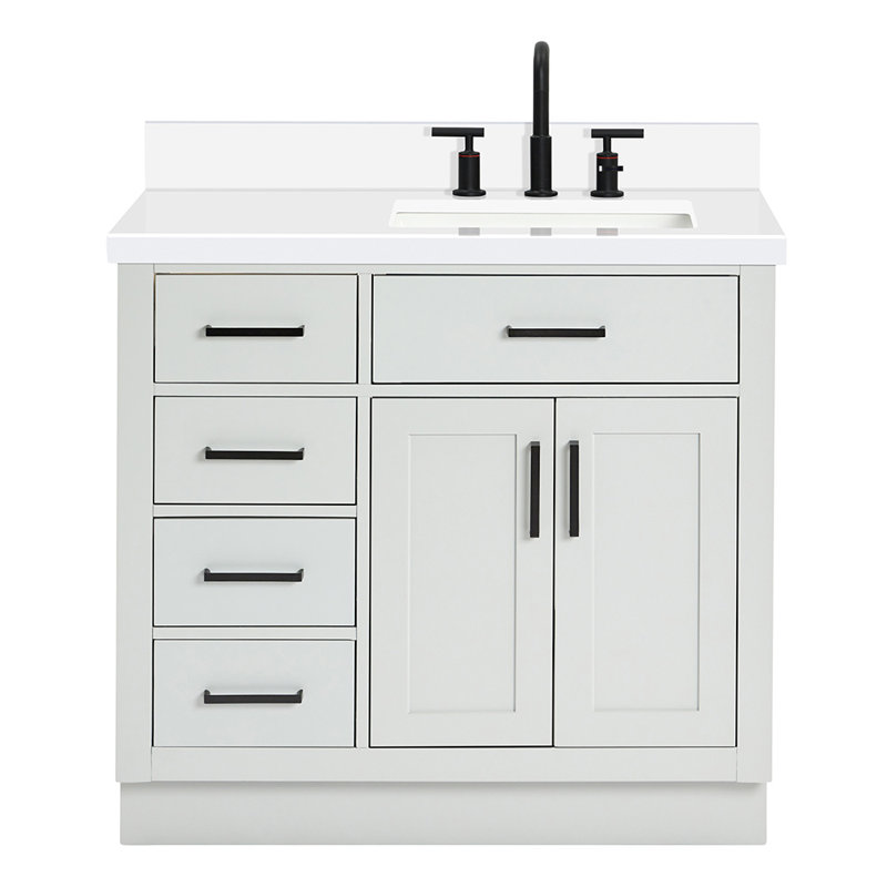 Meuble-lavabo simple en bois massif 36 po Tidworth avec plateau en quartz 1,5 po, Gris, Oui, Forme rectangulaire