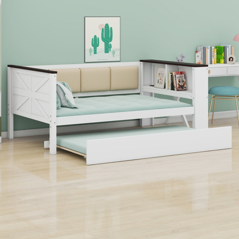 Wood Daybed With Storage Shelves, Upholstered Backrest,USB And Trundle, Twin
