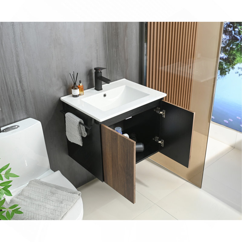 Ensemble de meuble-lavabo mural 24 po avec porte-serviettes noir, noyer et flottant