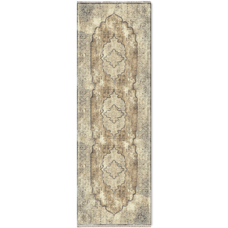 Tapis pastel en chenille de coton oriental crème beige, Tapis de couloir 3 pi 4 po x 14 pi 10 po