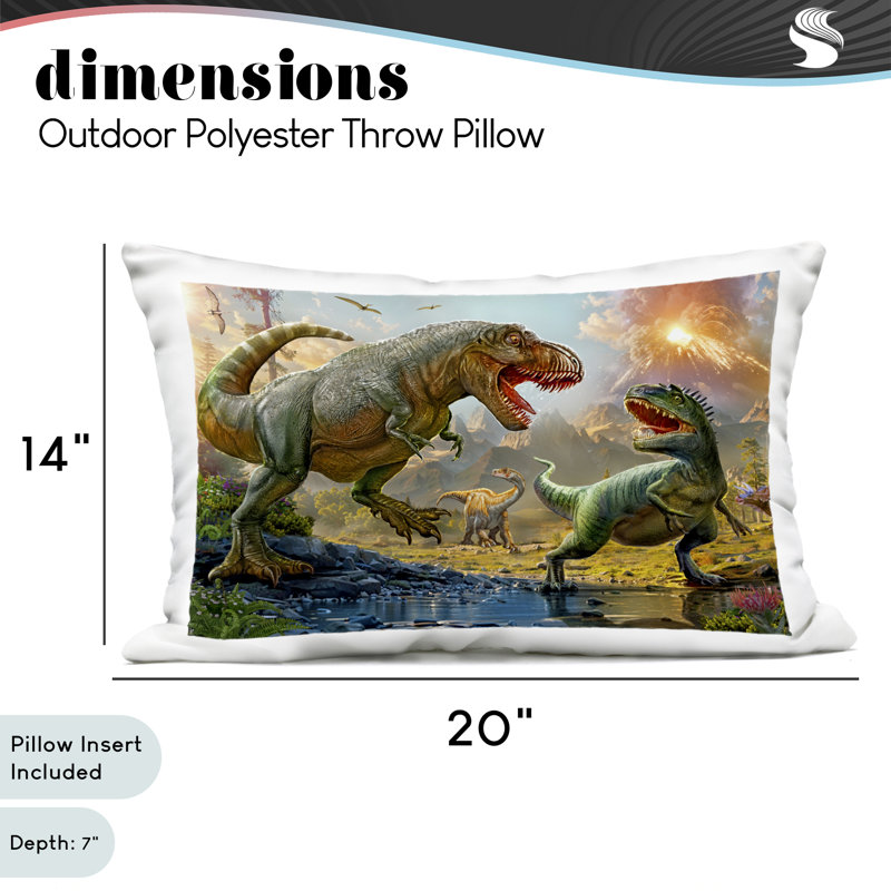 Coussin d'extérieur imprimé T-Rex Encounter at Riverbank, design par Henriette Chinaglia