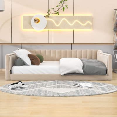 Velvet Upholstered Daybed with Side Storage Pocket for Guest Rooms