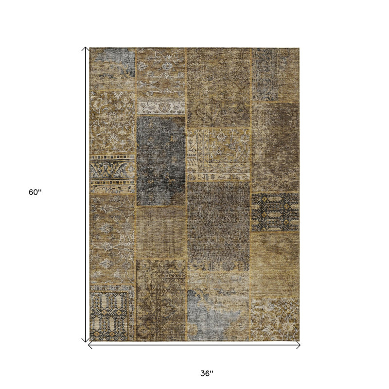 3' X 5' Brown Gray And Charcoal Patchwork Washable Indoor Outdoor Area Rug